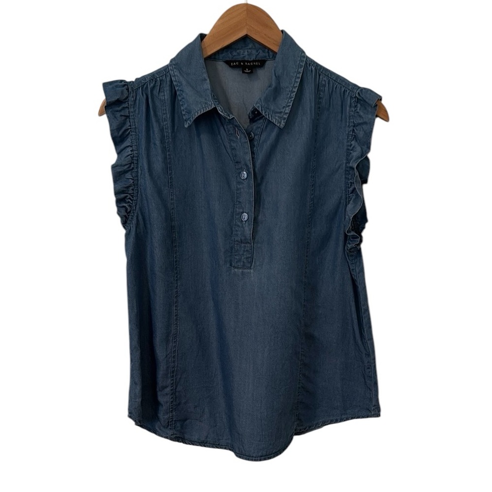 Zac & Rachel Denim/Lyocell Collared Ruffle Sleeve Button Shirt Small